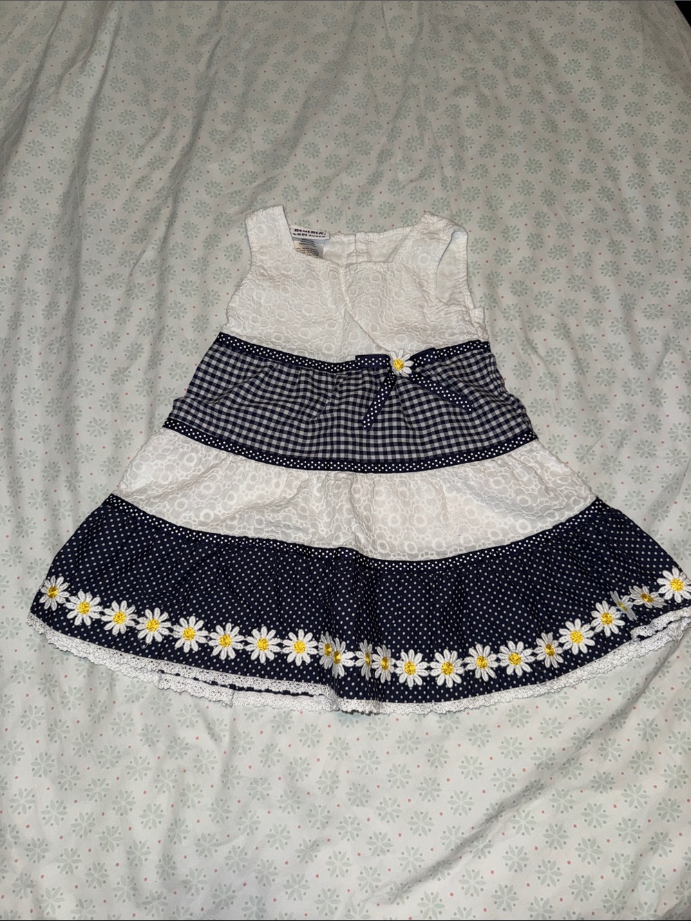 Blueberi Boulevard White and Navy Daisy Trim Tiered Dress